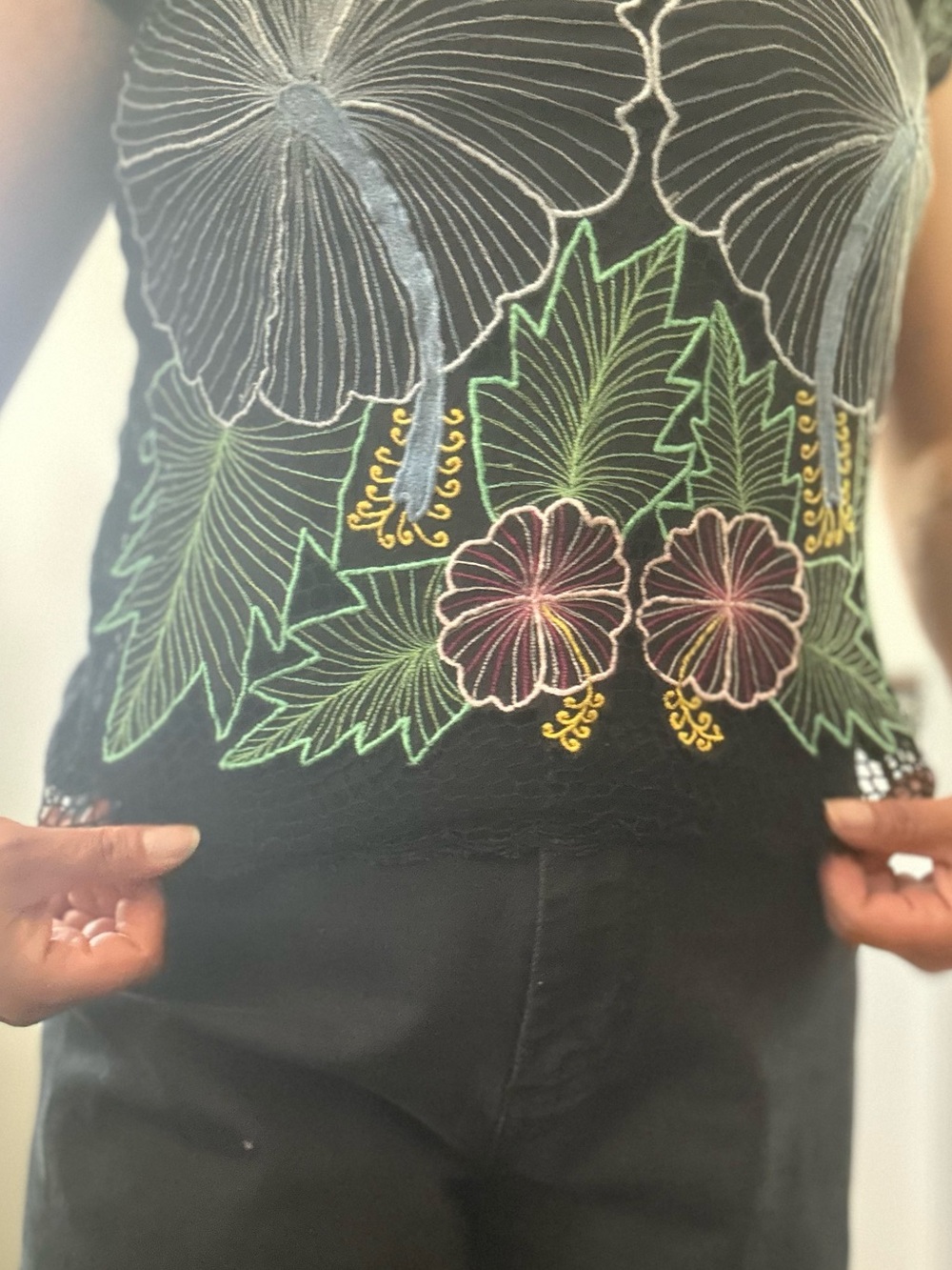 Black Floral Embroidered Lace Capped Sleeve Top - Picture 15 of 16